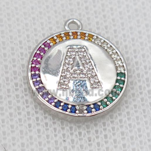 copper circle pendant pave zircon, letter, platinum plated