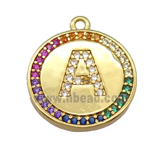 copper circle pendant pave zircon, letter, gold plated