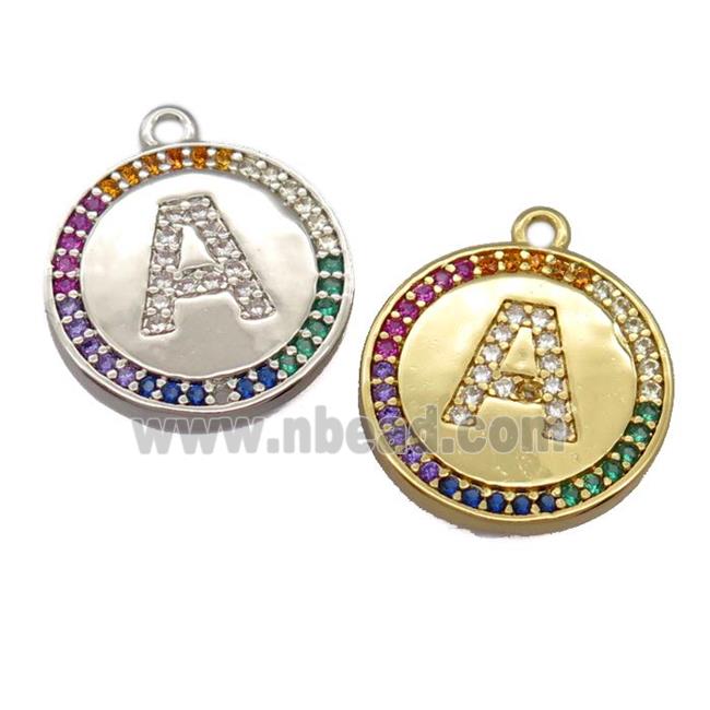 copper circle pendant pave zircon, letter, mixed