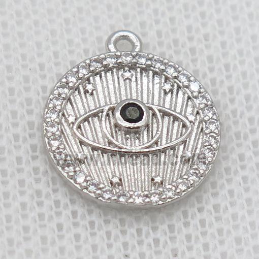copper circle pendant pave zircon, eye, platinum plated