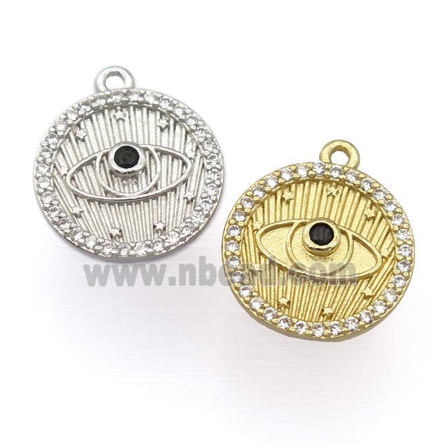 copper circle pendant pave zircon, eye, mixed