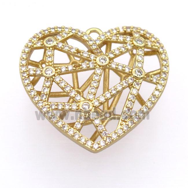 copper heart pendant pave zircon, hollow, gold plated