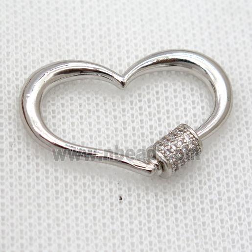 copper carabiner lock pendant pave zircon, heart, platinum plated
