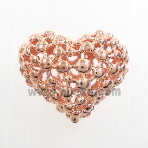 copper heart beads, hollow, rose gold