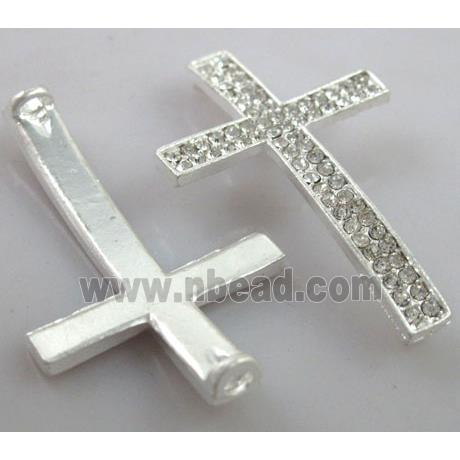 Bracelet bar, cross, alloy connector with rhinestone, duck-silver