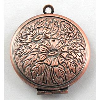 copper Locket, flat-round, necklace pendant, antique red
