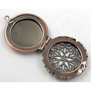 necklace Locket pendant, flat-round, copper, Red copper plated