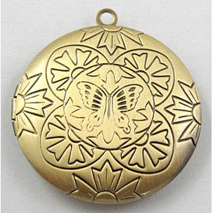 necklace Locket pendant, flat-round, copper, Bronze plated