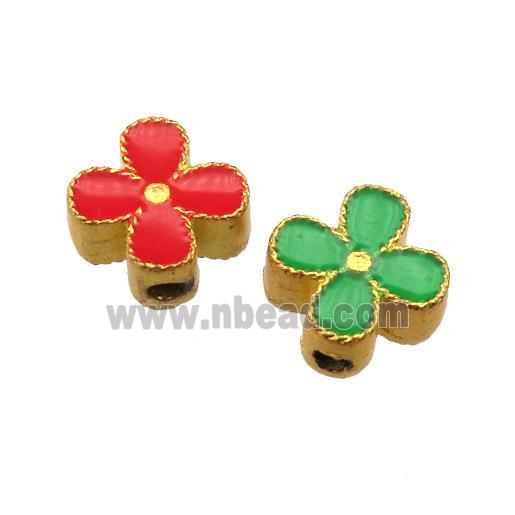 enamel alloy beads, clover, gold plated