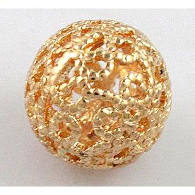 Hollow Alloy bead, round, light gold
