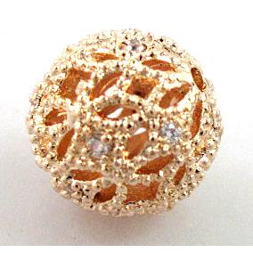Hollow Alloy bead pave Zircon, round, lt.gold plated