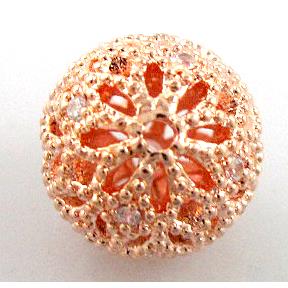 Hollow Alloy bead pave Zircon, round, rose gold