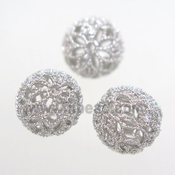 Hollow alloy bead pave Zircon, round, platinum plated