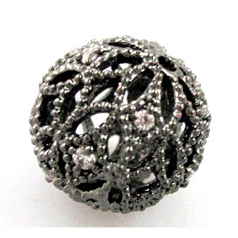 Hollow Alloy bead pave Zircon, round, black plated