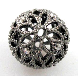Hollow Alloy bead pave Zircon, round, black plated