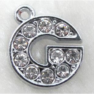 Alphabet charm pendants, G-letter, rhinestone