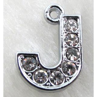 Alphabet bead pendants, J-letter, rhinestone
