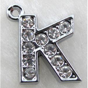 Alphabet bead pendants, K-letter, rhinestone