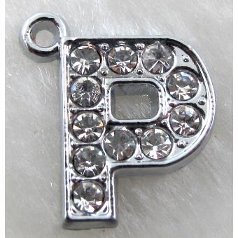 Alphabet bead pendants, P-letter, rhinestone