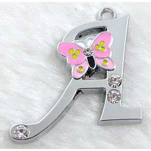 Alphabet bead pendants, A-letter, enamel butterfly, rhinestone