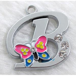 Alphabet pendants, B-letter, enamel butterfly, rhinestone