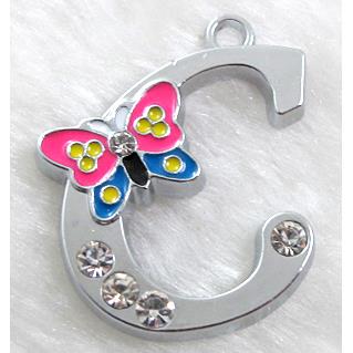 Alphabet bead pendants, C-letter, enamel butterfly, rhinestone