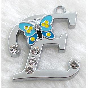 Alphabet pendants, E-letter, enamel butterfly, rhinestone