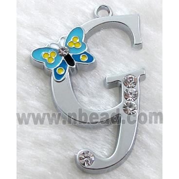 Alphabet bead pendants, G-letter, enamel butterfly, rhinestone