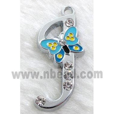Alphabet pendants, J-letter, enamel butterfly, rhinestone