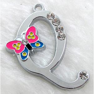 Alphabet bead pendants, Q-letter, enamel butterfly, rhinestone