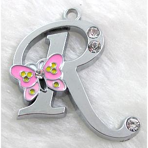 Alphabet pendants, R-letter, enamel butterfly, rhinestone