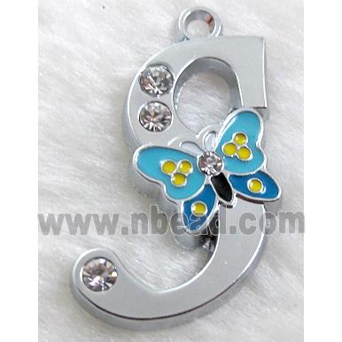 Alphabet pendants, S-letter, enamel butterfly, rhinestone