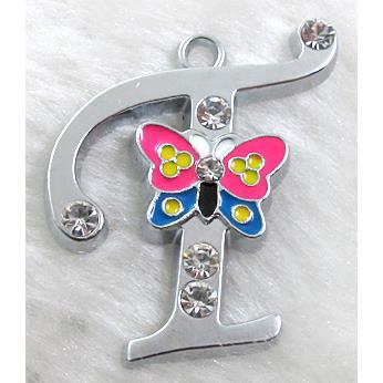 Alphabet bead pendants, T-letter, enamel butterfly, rhinestone