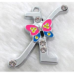 Alphabet bead pendants, X-letter, enamel butterfly, rhinestone