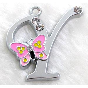 Alphabet pendants, Y-letter, enamel butterfly, rhinestone