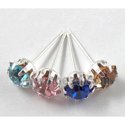 Silver Plated Copper Earring Pin, Rhinestone, Nickel Free, mix color
