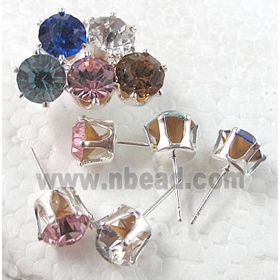 Silver Plated Copper Earring Pin, Rhinestone, Nickel Free, mix color