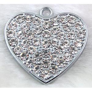 heart Pendants, rhinestone, alloy, platinum plated