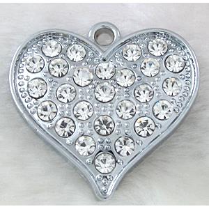 heart Pendants, rhinestone, alloy, platinum plated