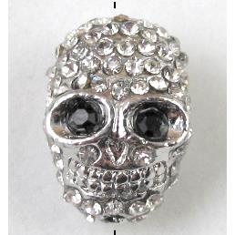 bracelet spacer, alloy skull with Rhinestone, platinum plated