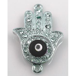 Hamsahand, evil-eye bracelet connector, alloy bead with rhinestone, platinum pla