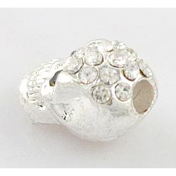 3D Skull charm, alloy bead, silver plated
