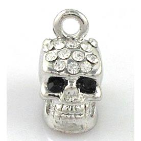 Skull charm, alloy pendant with rhinestone, platinum plated