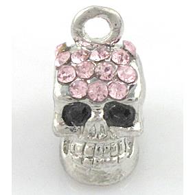 Skull charm, alloy pendant whit rhinestone, platinum plated