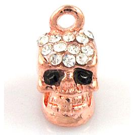 Skull charm, alloy pendant with rhinestone, red copper