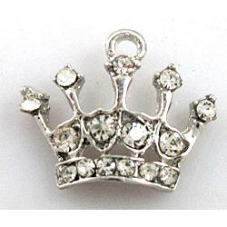 Crown charm with rhinestone, alloy pendant, platinum plated