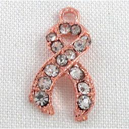 cancer awareness ribbon, alloy pendant with rhinestone, red copper