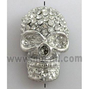 Skull charm, bracelet spacer, alloy bead with rhinestone, platinum plated
