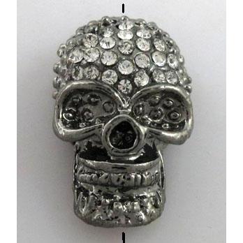 Skull charm, bracelet spacer, alloy bead with rhinestone, black