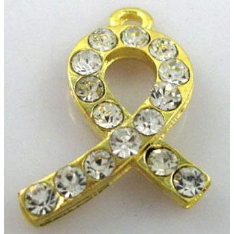 cancer awareness ribbon, alloy pendant with rhinestone, gold plated
